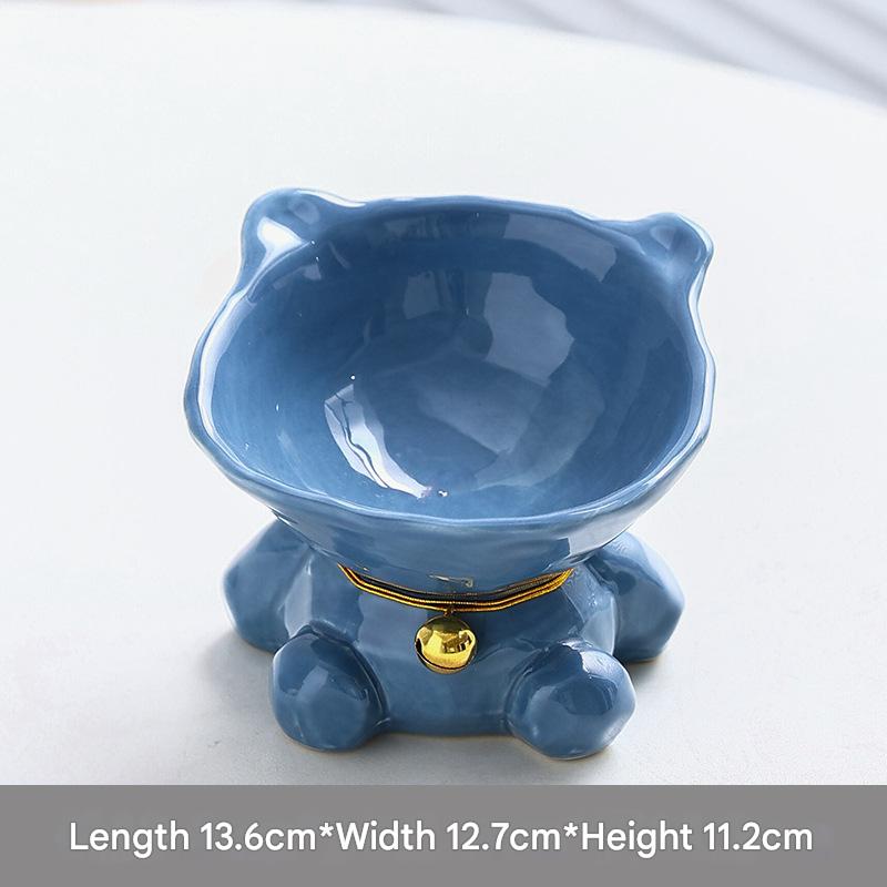Blue Cute Ceramic Cat Bowl - Pet Feeder for Feeding and Drinking