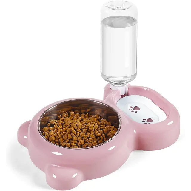 Cat Food and Water Bowl 2 in 1 with Automatic Water Dispenser Pink, 500 ml