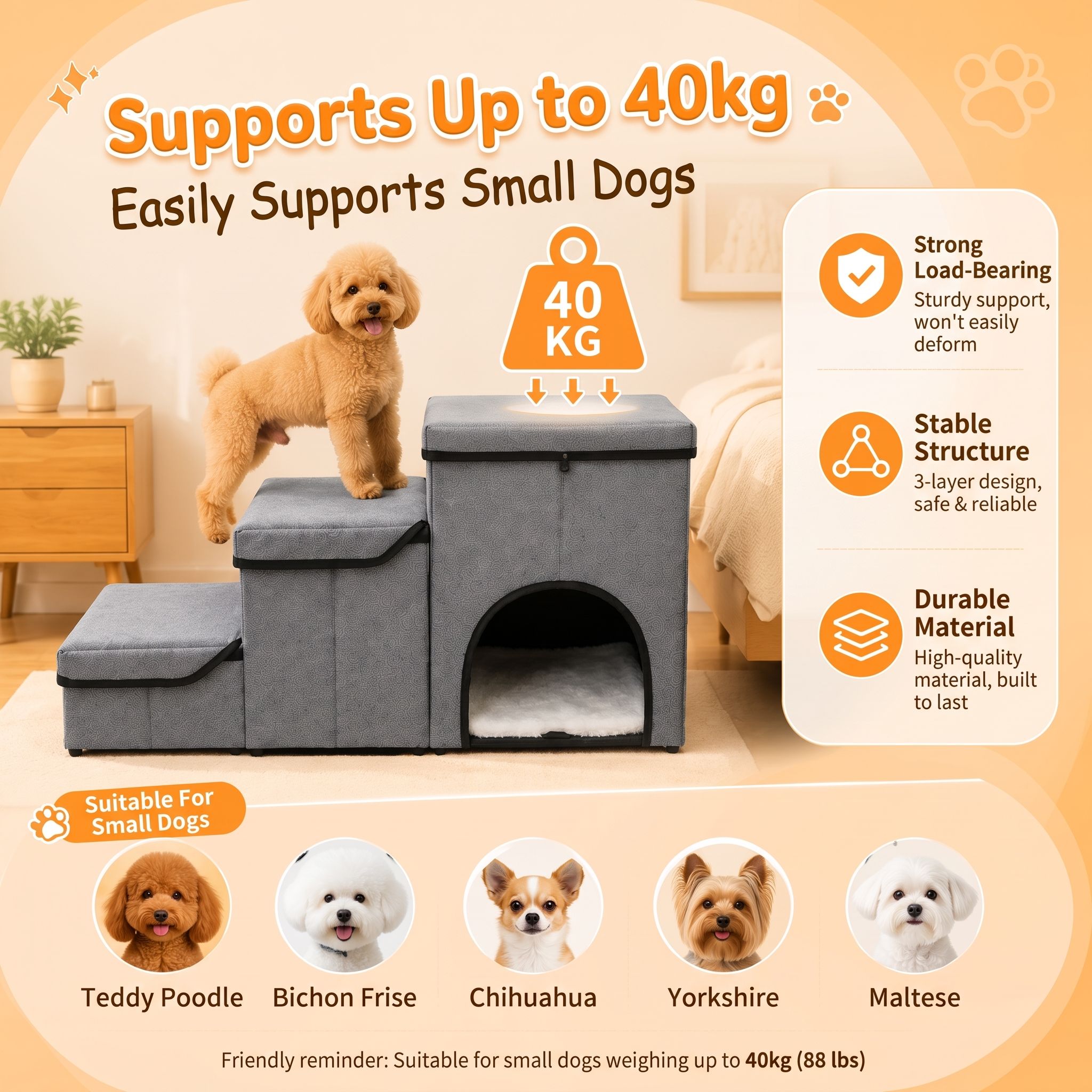 3-in-1 Pet Stairs with Built-in Pet Bed and Storage Compartments, Grey image 4