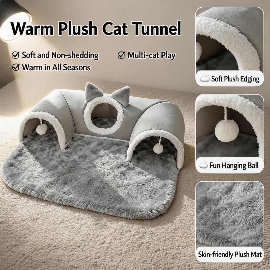 Two-Way Cat Play Tunnel Cave Mat Grey S 55x75cm 420g Fleece Hide and Seek…, 55 × 75cm image 3