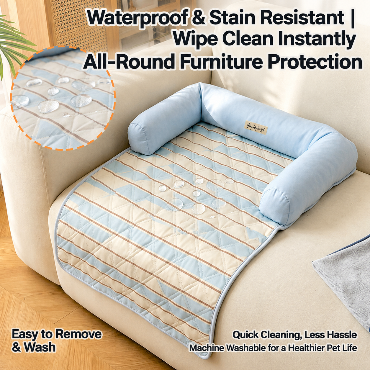 Waterproof Quilted Pet Sleeping Mat with Bolster Cushions for Small Dogs and Cats image 3
