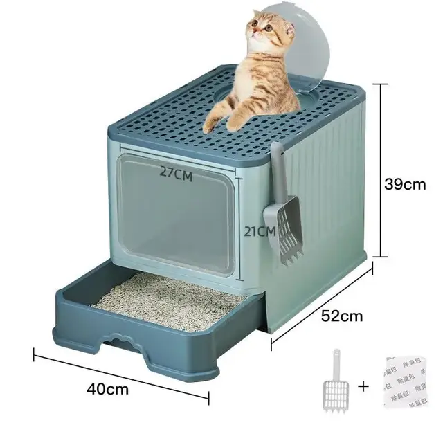 Top-Entry Cat Litter Box with Drawer-Enclosed Design, Green