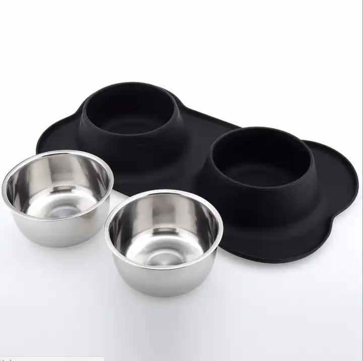 Non-Slip Stainless Steel Double Pet Bowl Set with Spill-Resistant Silicone Mat 45*27cm… image 3