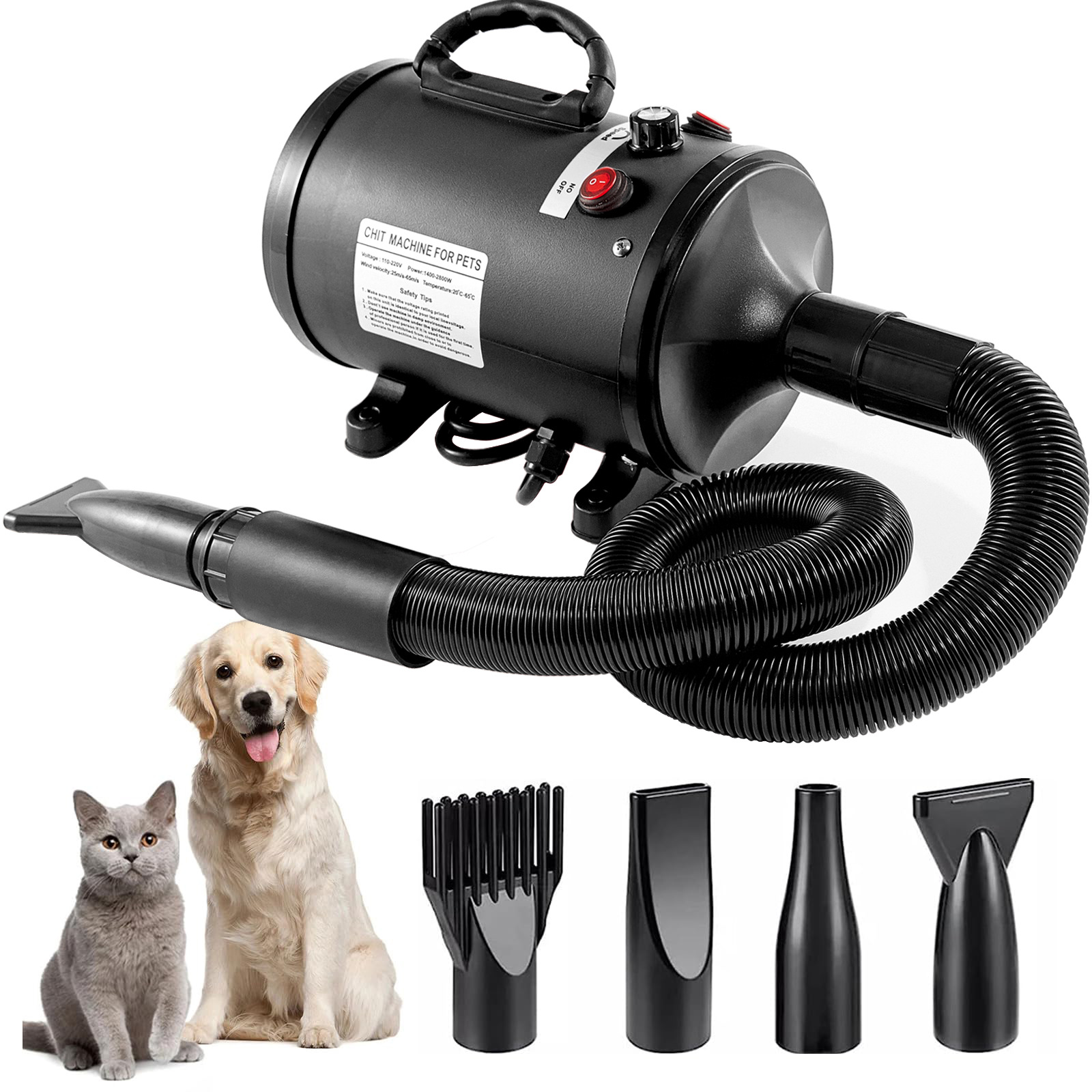 Pet Hair Dryer with Multiple Nozzles - Powerful and Quiet for Dogs and Cats, Black