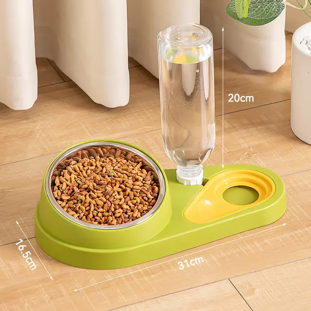 Green And Yellow Pet Bowl Set with Automatic Gravity Water Dispenser - Stainless Steel…