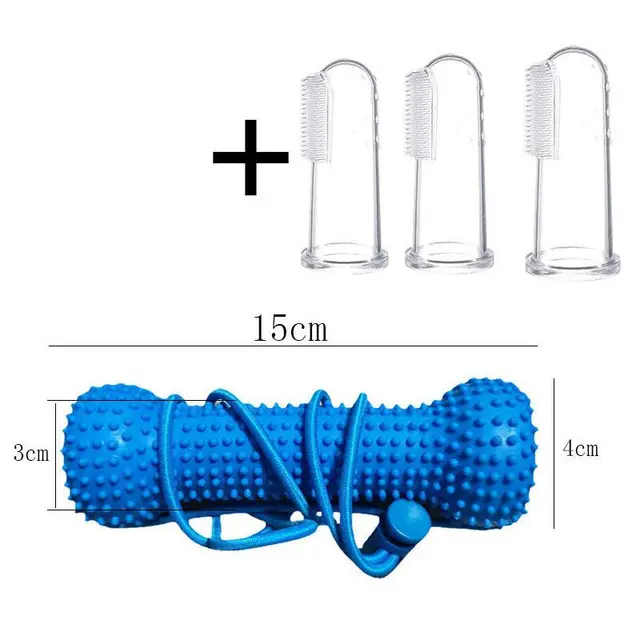 Dog Dental Chew Toy and Finger Brush Set - 15cm Blue Hands Free Chew Toy with 3…