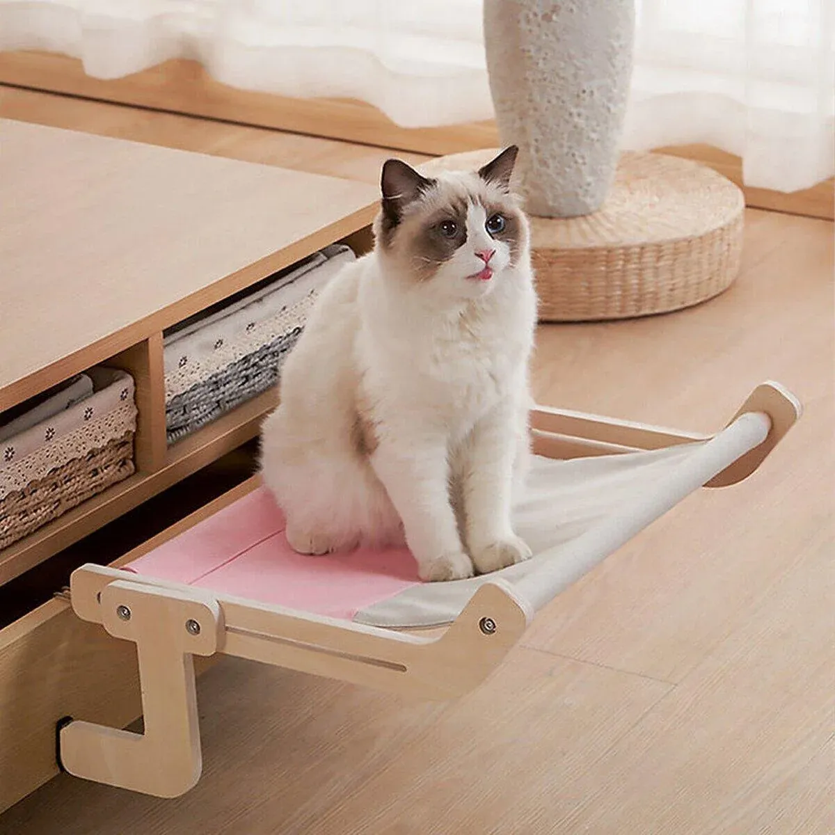 Window Hanging Cat Hammock Solid Wood Sun Bed Nest for All Seasons Durable - Grey+Yellow image 11