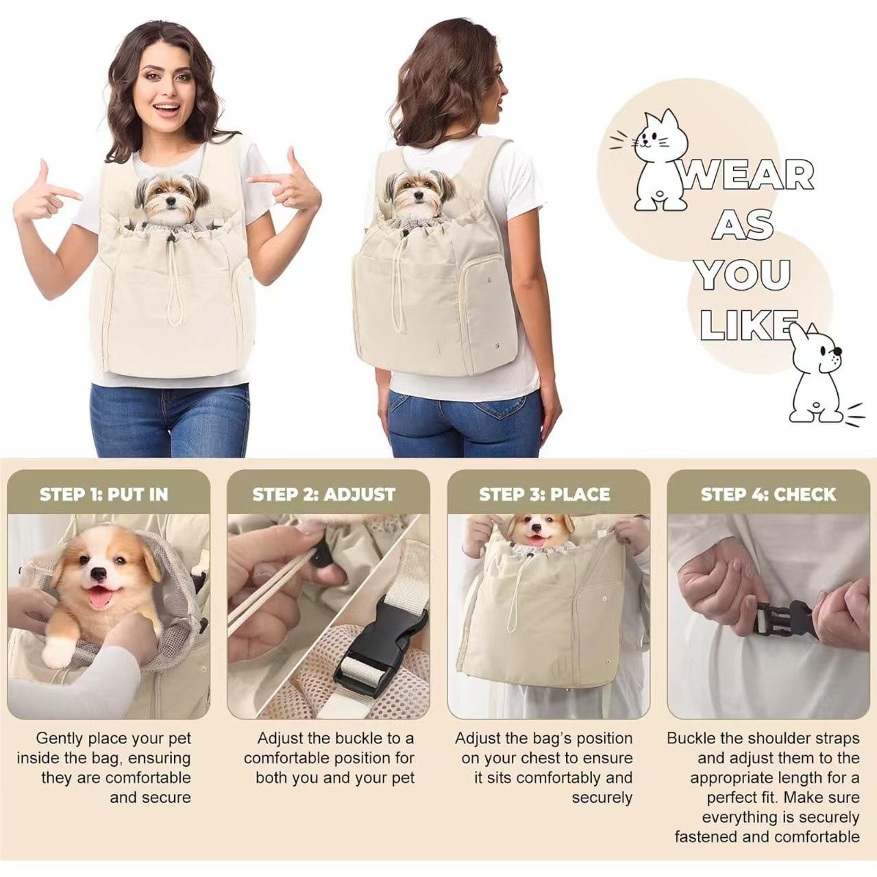 Versatile Front and Back Wearable Pet Carrier Backpack with Breathable Mesh…, Beige image 3