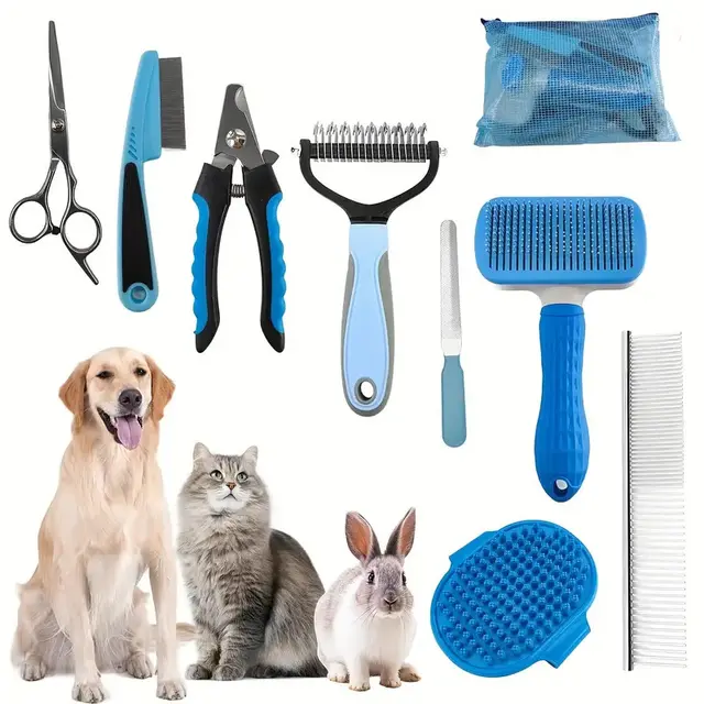 Blue Professional 9-Piece Pet Grooming Kit - DeShedding Brushes