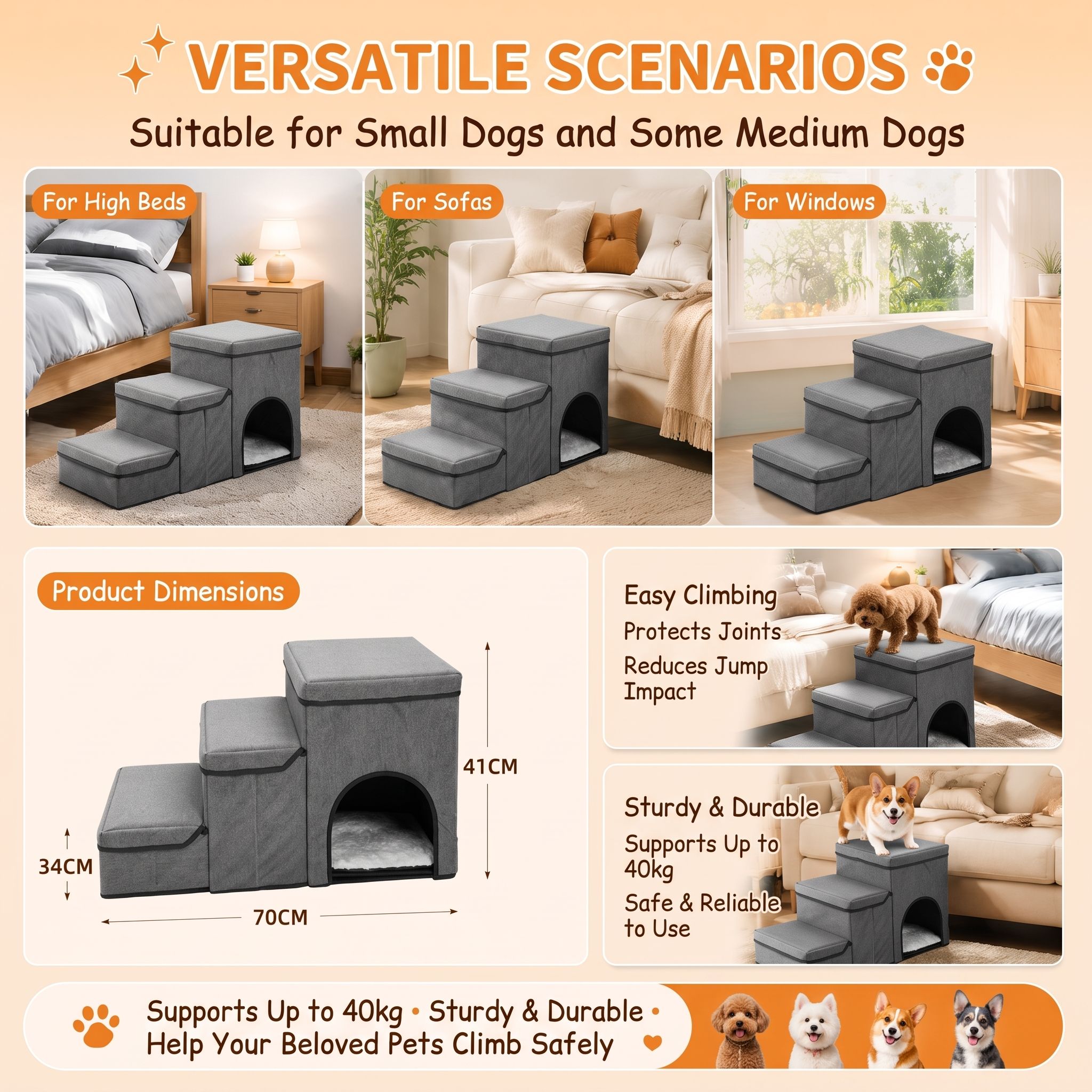 3-in-1 Pet Stairs with Built-in Pet Bed and Storage Compartments, Grey image 5