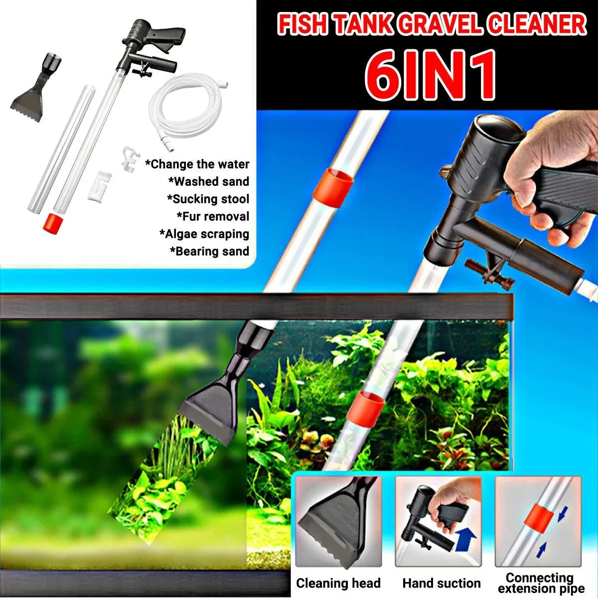 6In1 Fish Tank Cleaner Water Changer Pump Pipe Semi-automatic Cleaning Aquarium image 3