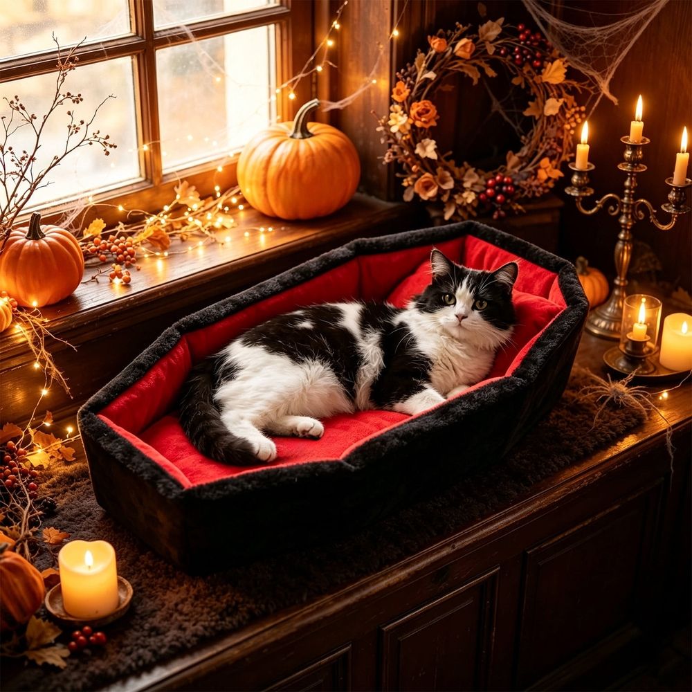 Gothic Cat Bed for Indoor Cats Washable Coffin Cat Bed, Black, 25.6X17.7X3.9In image 2