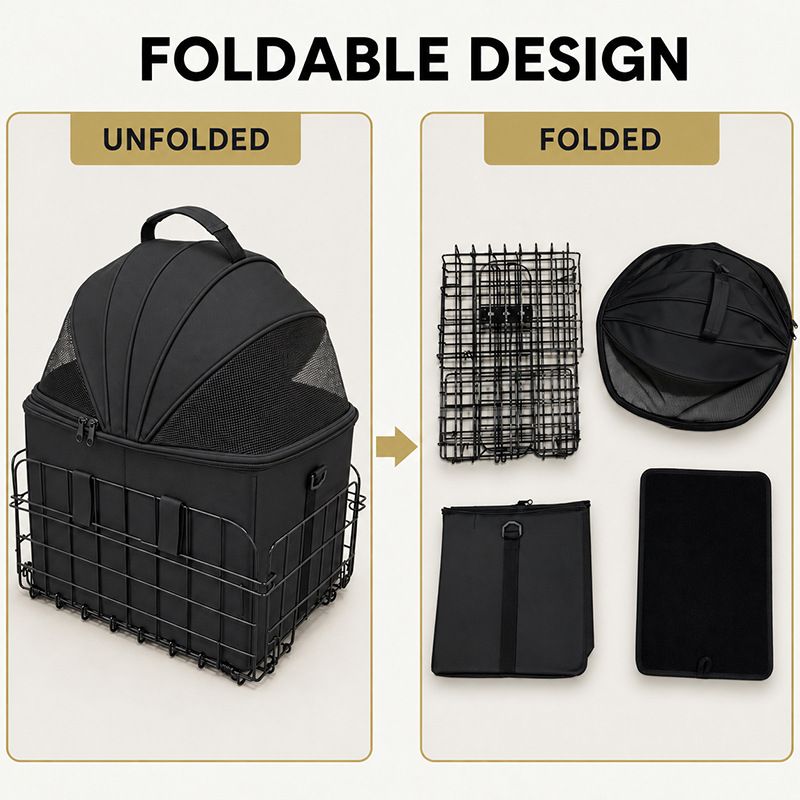 Foldable Bicycle Rear Rack Pet Carrier Bag with Metal Wire Basket, Black image 3