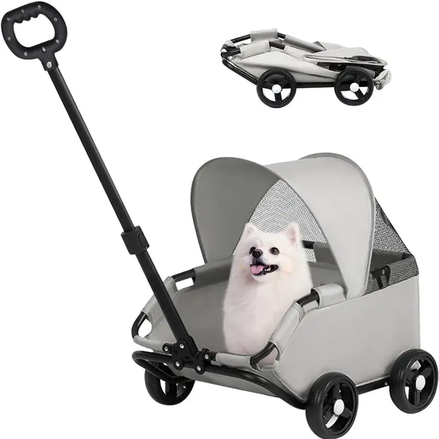 4-Wheel Dog Stroller with Sunshade Cover Collapsible Mesh Canopy Portable Pet…, Gray