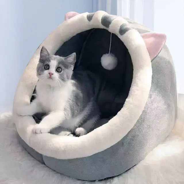 Gray Half-Enclosed Cat Bed - Soft Short Velvet Fabric with Sponge +…, 35 × 35 × 30cm