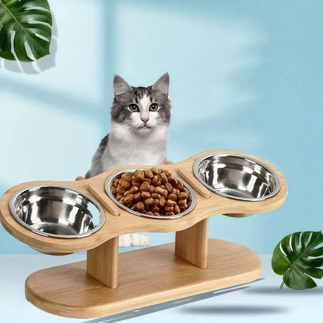 Cat Feeder Elevated Cat Feeder Three Bowl Cat Feeder Stainless Steel Cat Bowls - Wood…