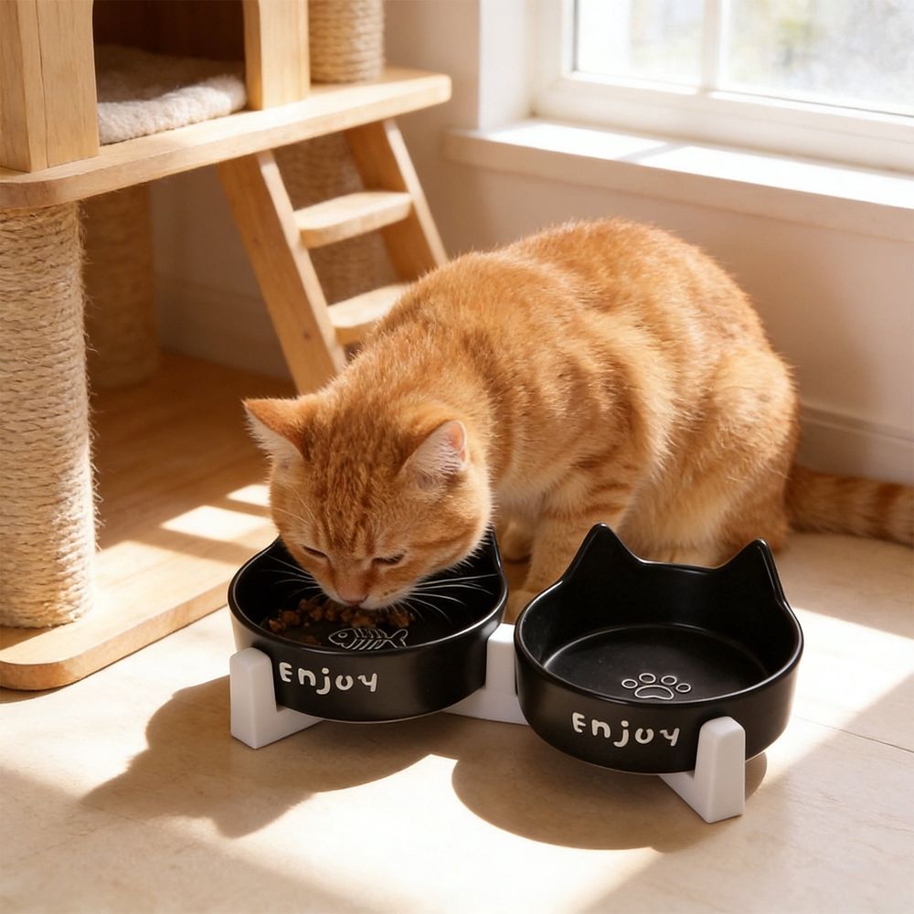 Ceramic Dog and Cat Bowl Set with Wooden Stand Non-Slip Matte Glaze Weighted…, White image 3