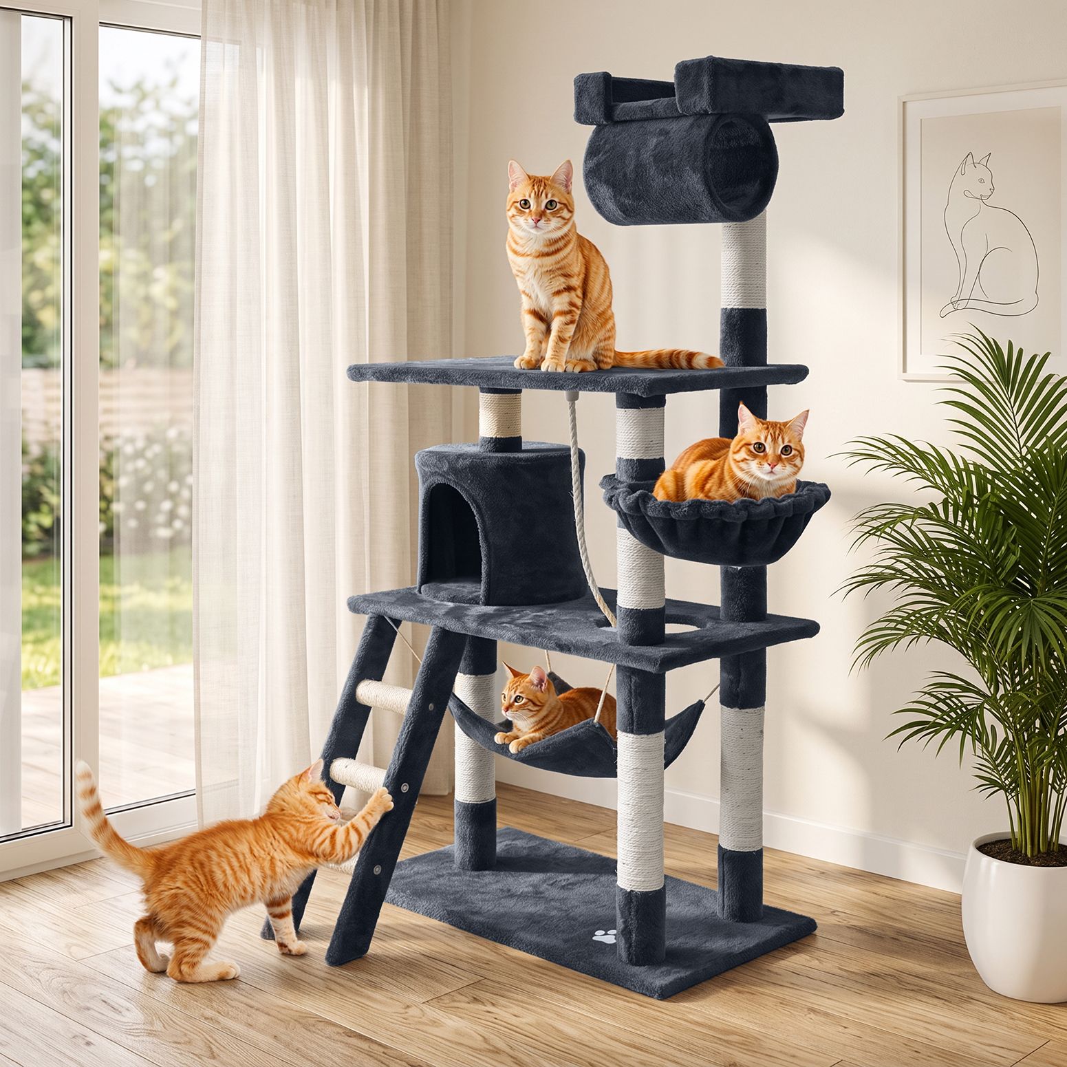 i.Pet Cat Tree 141cm Tower Scratching Post Scratcher Condo Wood House Bed Grey image 10