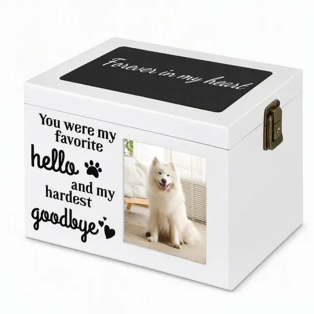 PLockable Wooden Pet Urn with Photo Frame for Dog Cat Ashes White Handcrafted Wood…