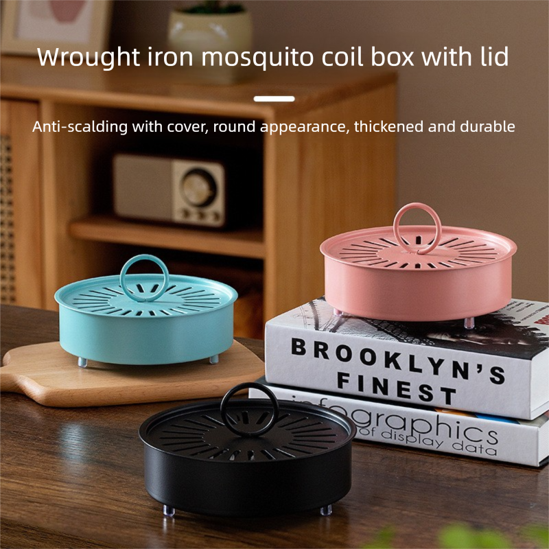 Blue Metal Mosquito Coil Holder with Lid - 15 cm Round Iron Coil Burner with Ash Catcher image 3