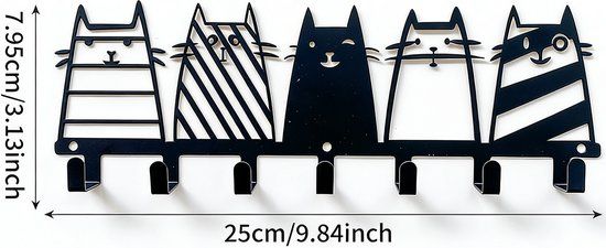 7-Hook Black Metal Cat Wall Rack, Decorative Key, Coat and Accessory Organizer image 5