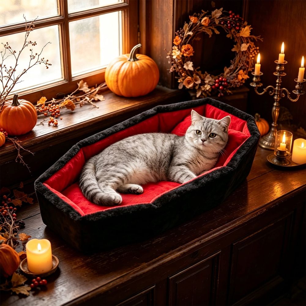 Gothic Cat Bed for Indoor Cats Washable Coffin Cat Bed, Black, 25.6X17.7X3.9In image 5
