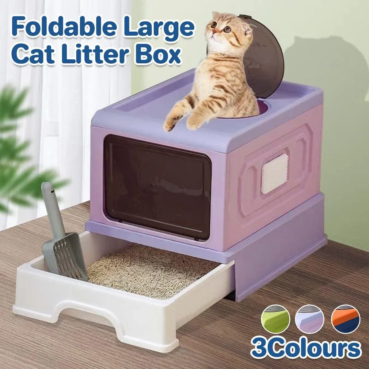 Folding Enclosed Cat Litter Box Foldable Drawer Toilet Anti-Splash Pet Supplies - Purple image 15