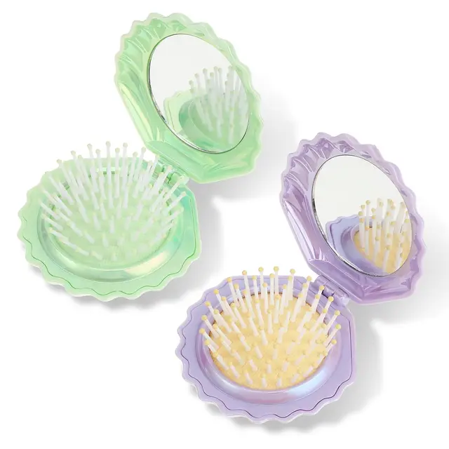 2 PCS Shell Folding Hair Brush with Mirror, Purple/Green, Small, 2 Piece