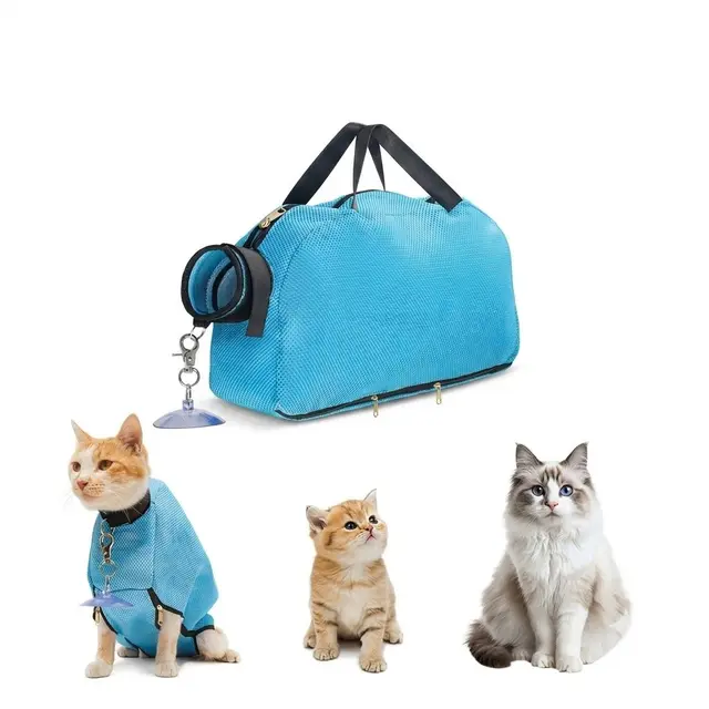 Multifunctional Air-Mesh Cat Grooming Bag with Suction Cup Fixation – Breathable, Blue