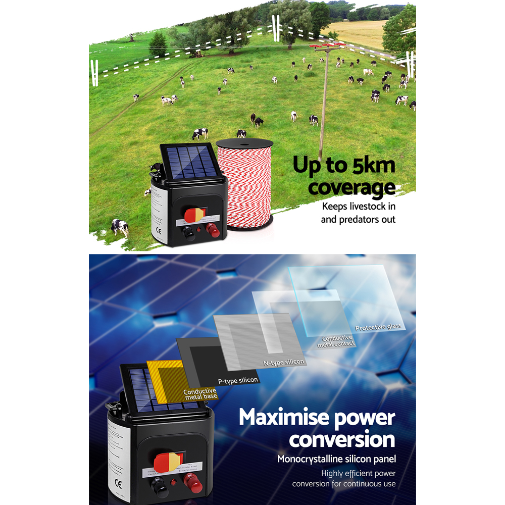 Giantz Fence Energiser 5KM Solar Powered Electric 500M Poly Rope image 4