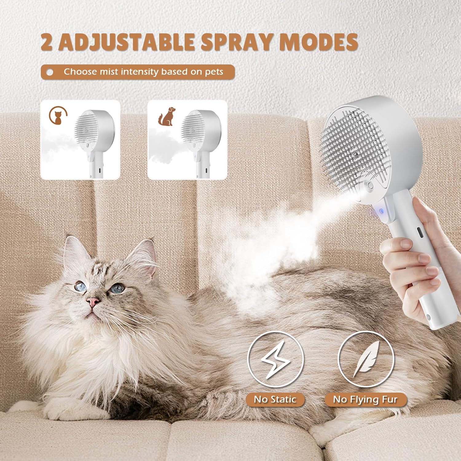 Steam Pet Grooming Brush with Self-Cleaning Hair Removal – USB Rechargeable, White image 3