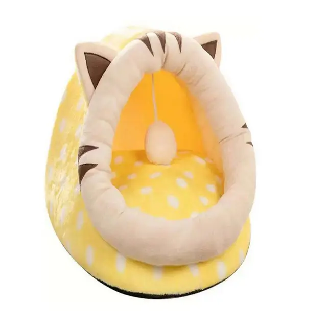 Yellow Half-Enclosed Cat Bed - Soft Short Velvet Fabric with Sponge +…, 28 × 28 × 30cm