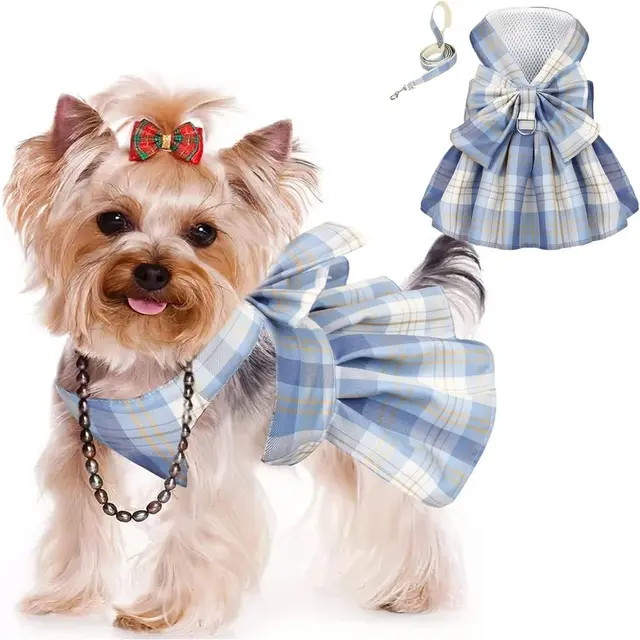 Plaid Dog Dress Harness with Leash Set – Adjustable Doggie Summer Dresses