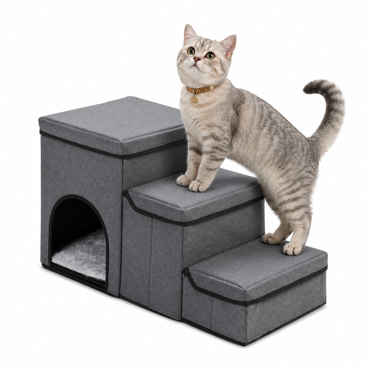 3-in-1 Pet Stairs with Built-in Pet Bed and Storage Compartments, Grey image 9