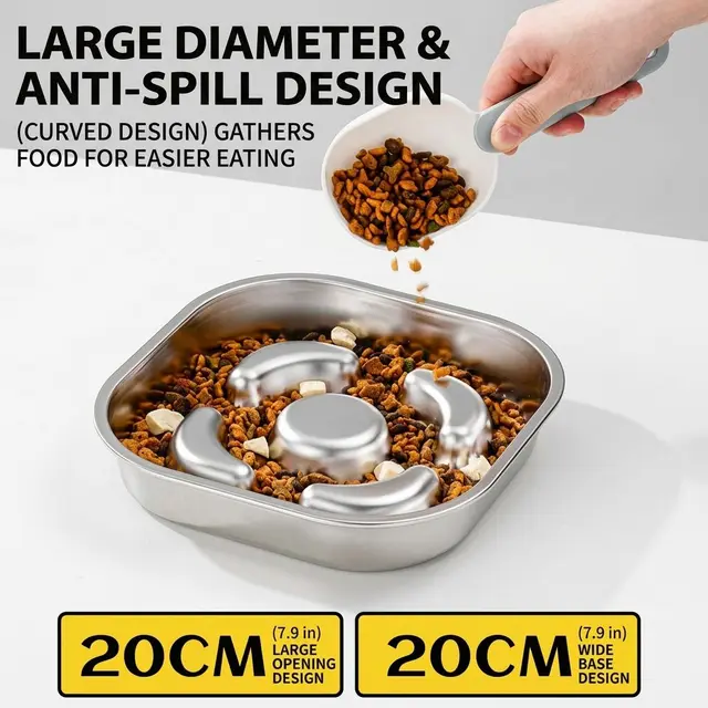 Slow-Feed Stainless Steel Pet Bowl with Raised Baffle Design for Cats and Dogs, Silver