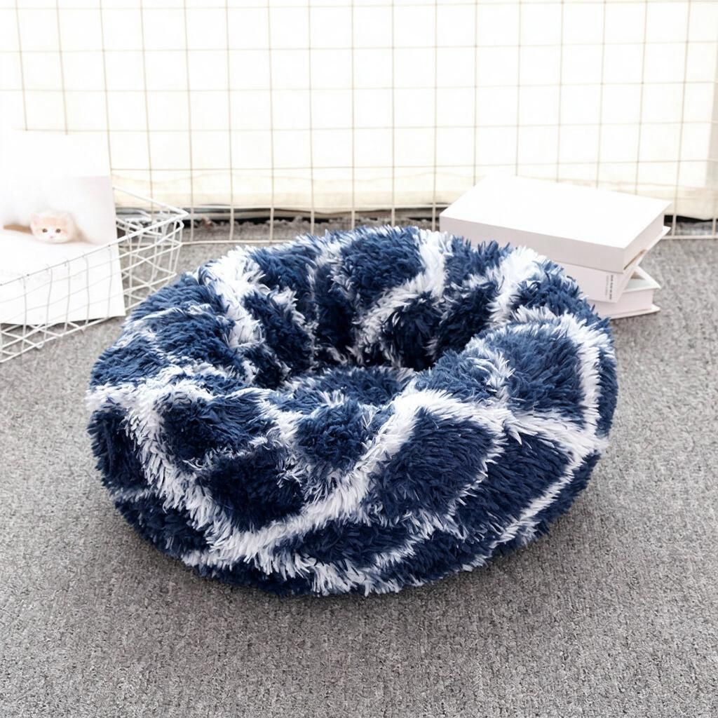 60cm Textured Navy Blue Deep Rim Donut Pet Cushion - Washable Faux Fur Warm Nest…