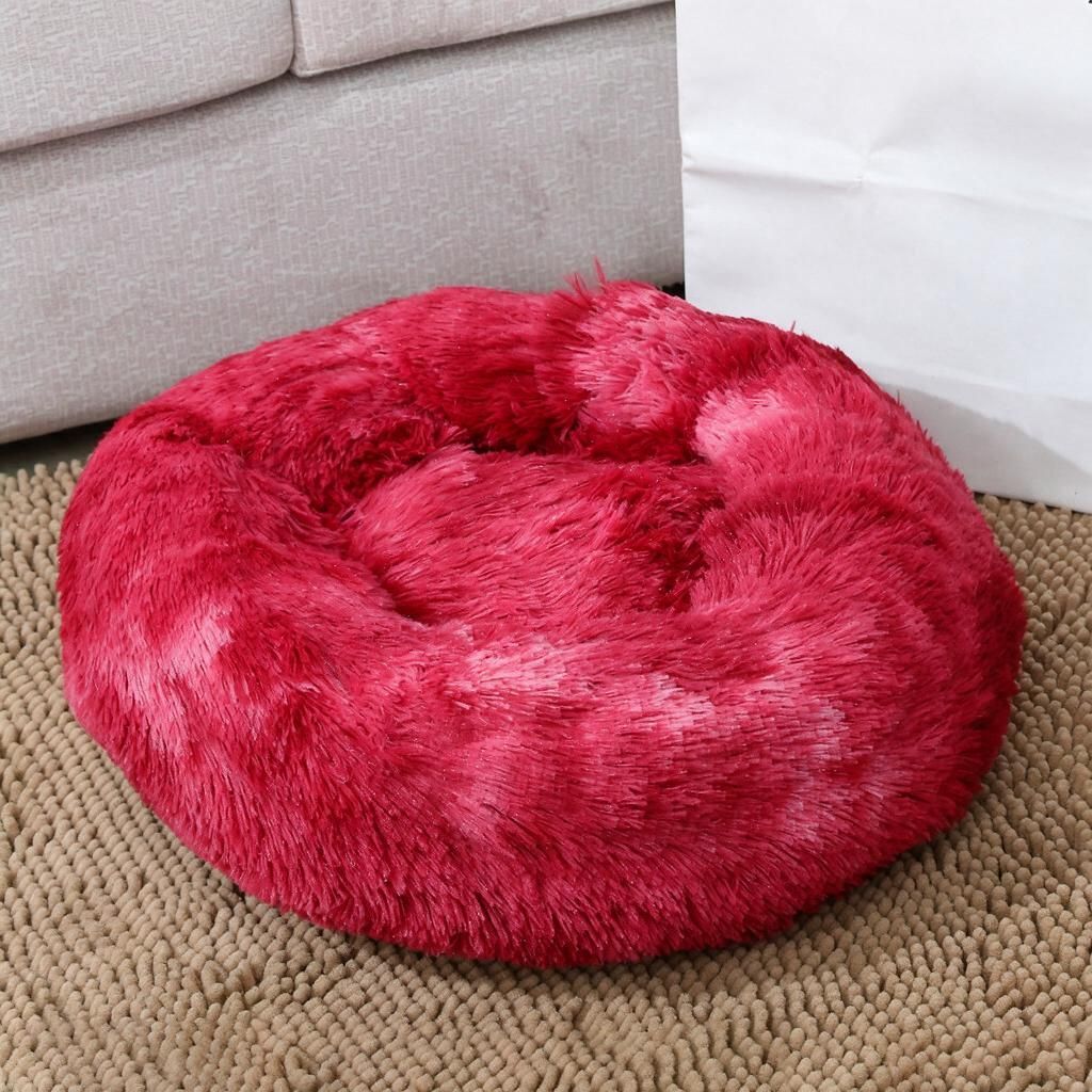 Wine Red Tie-Dye Plush Cushion Bed 110cm Wide with Supportive Bolster Rim