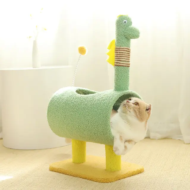 Green Dinosaur-Theme Cat Tree with Tunnel - Multi-Functional Cat Scratching Post and…