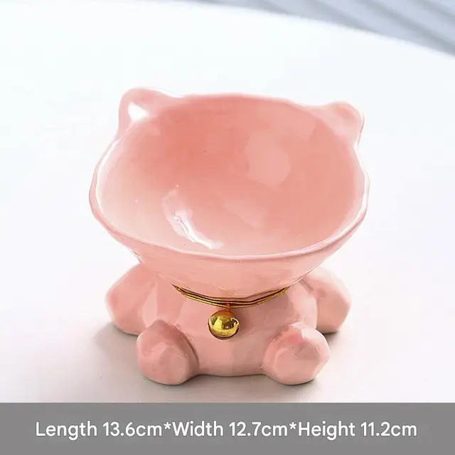 Pink Cute Ceramic Cat Bowl - Pet Feeder for Feeding and Drinking
