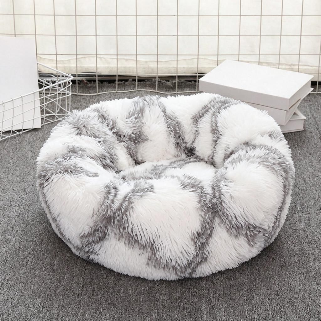 Two-Tone Marble Faux Fur Pet Sleeping Bowl Grey White 80cm Diameter Warm Nest Cushion…