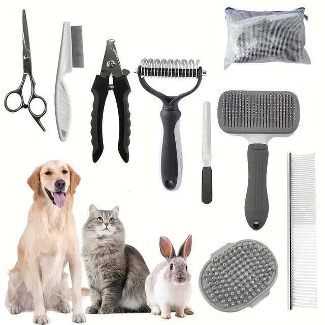 Grey Professional 9-Piece Pet Grooming Kit - DeShedding Brushes