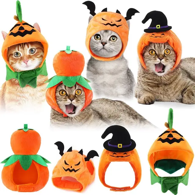 4 Pcs Cat Halloween Pumpkin Costume Dog Halloween Pumpkin Hat Adjustable Pet Headdress…