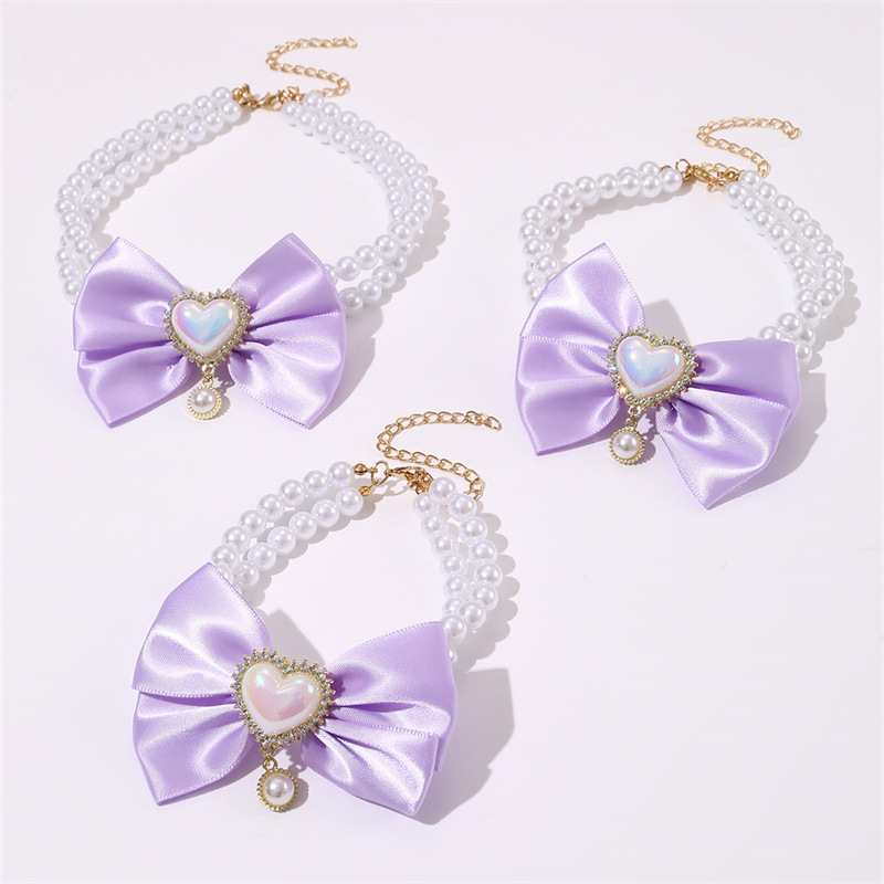 2 - PCS Cute Pet Pearl Necklace Collar with Purple Bow and Heart Charm - Size L image 2