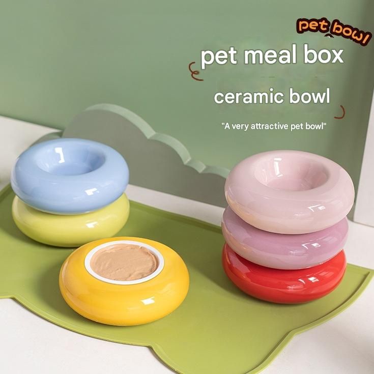 Yellow Ceramic Pet Donut Bowl - 50ml Food Dish for Cats and Small Dogs - Non Slip Base image 2