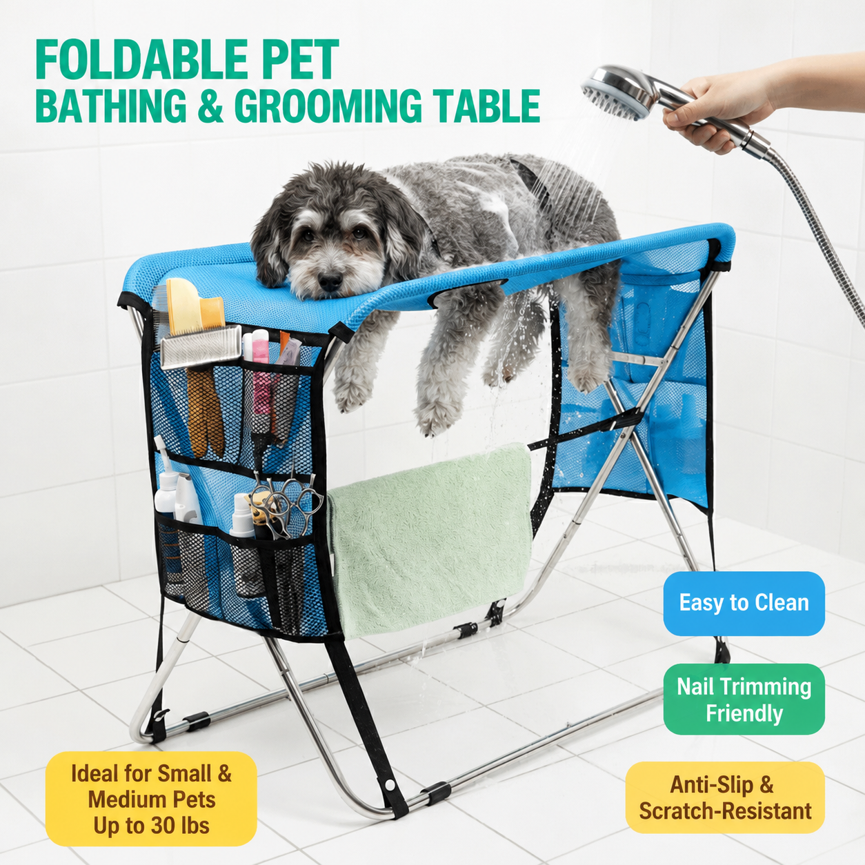 Foldable Pet Grooming Table with Stainless Steel Frame and Breathable Mesh Surface for… image 2