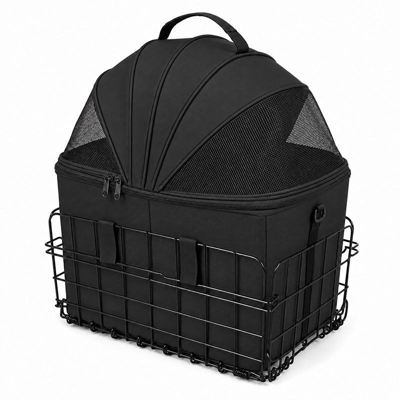 Foldable Bicycle Rear Rack Pet Carrier Bag with Metal Wire Basket, Black image 7