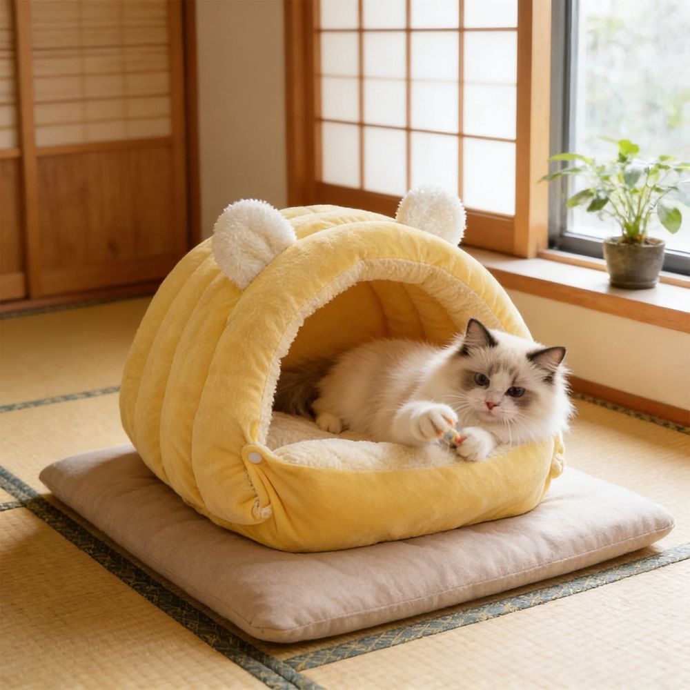 Yellow S Plush Tree Hole Nest For Cats And Small Dogs Winter Warm Semi Enclosed Bed image 4