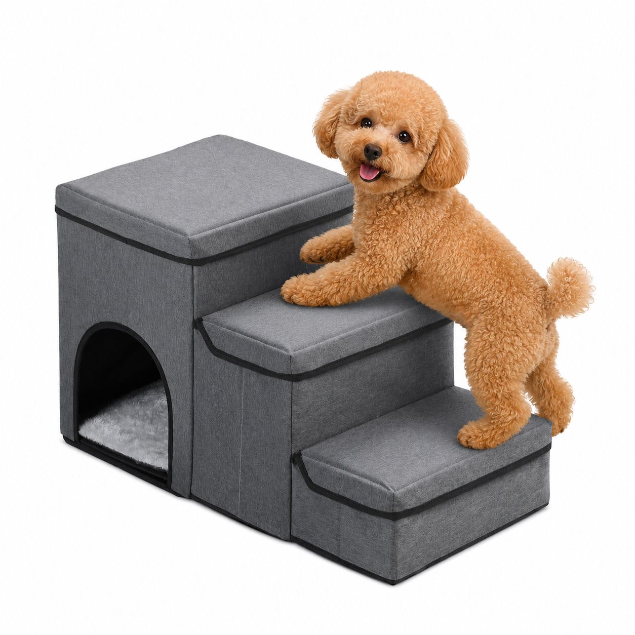 3-in-1 Pet Stairs with Built-in Pet Bed and Storage Compartments, Grey image 8