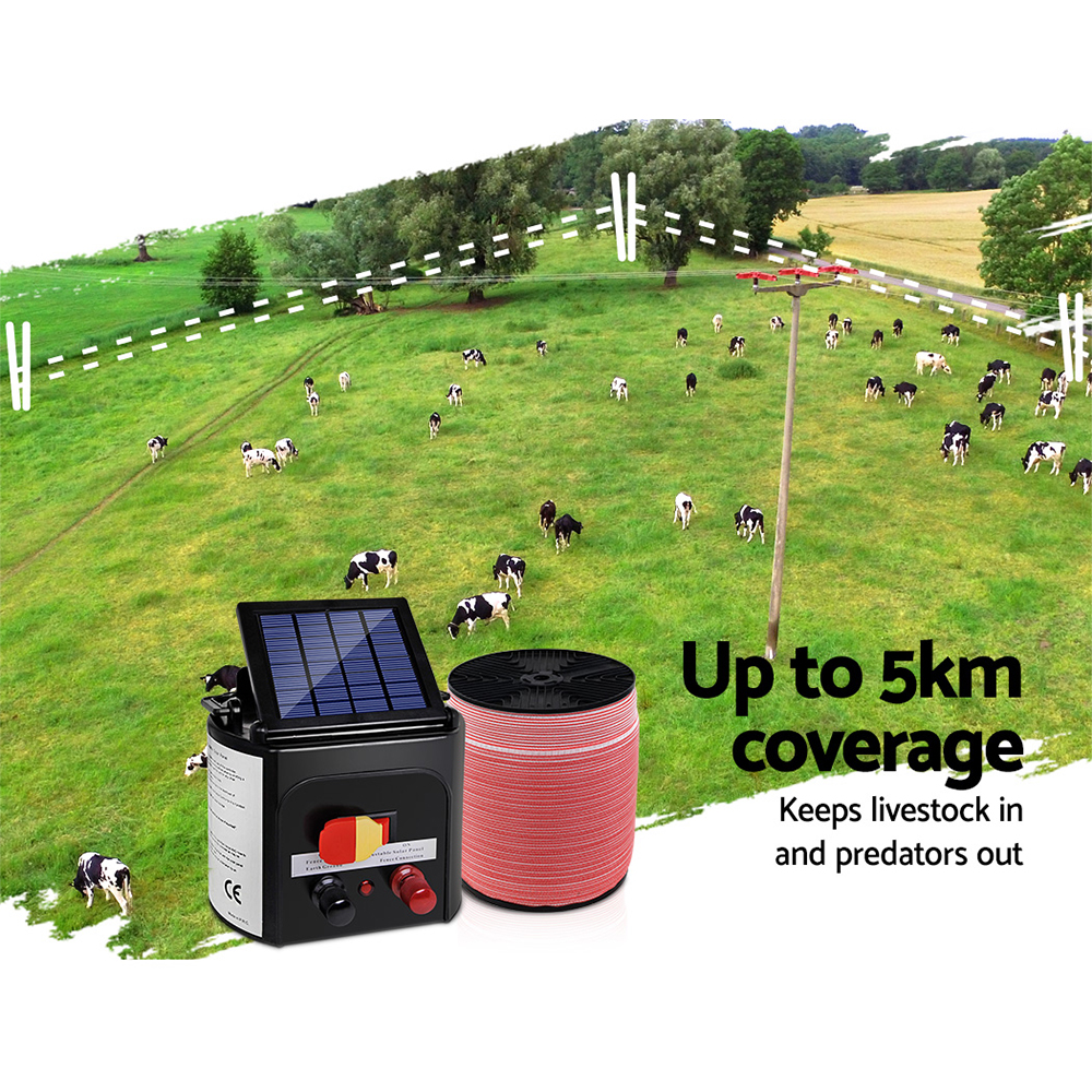 Giantz Fence Energiser 5KM Solar Powered Electric 1200M Poly Tape image 4