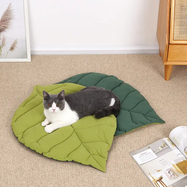 2 Pcs Green Leaf-Shaped Pet Sleeping Mat - Durable Dog Floor Pad & Cat Bed for…